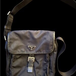 Prada Black Nylon Messenger Crossbody with Leather Trim